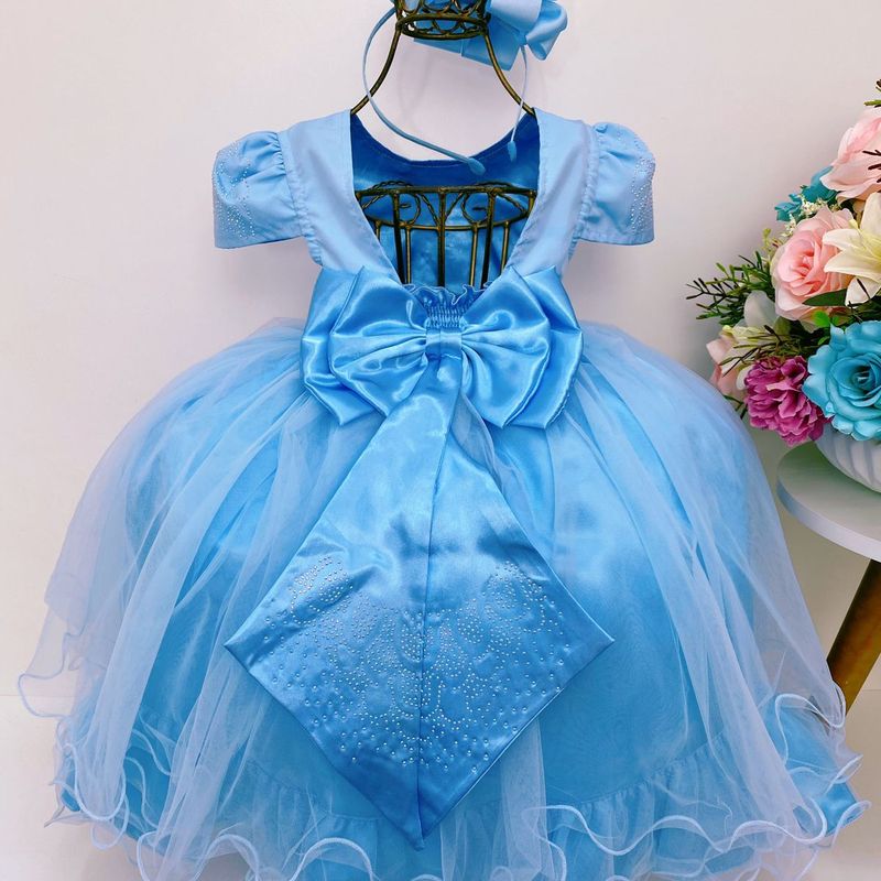 Vestido Infantil de Festa Longo Azul Princesa Cinderela