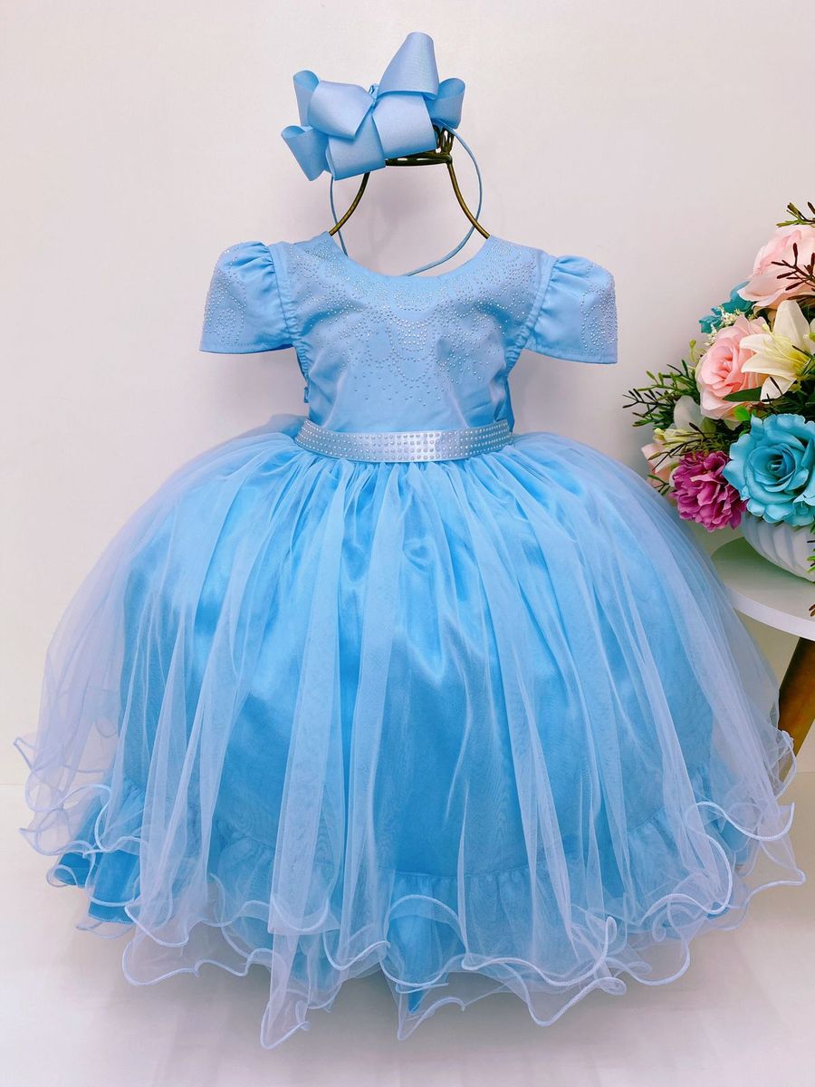 Vestido Infantil Cinderela Azul Brilho Festas Princesa