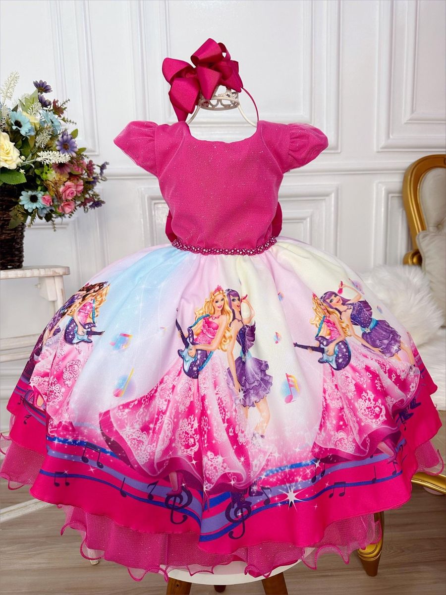 Vestido Infantil Barbie Luxo Rosa Com Cinto de Pérolas - Roupa
