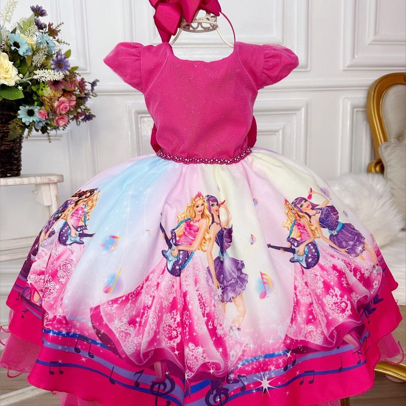 Vestido Infantil Barbie Rosa Pink Brilho Aniversário Temático