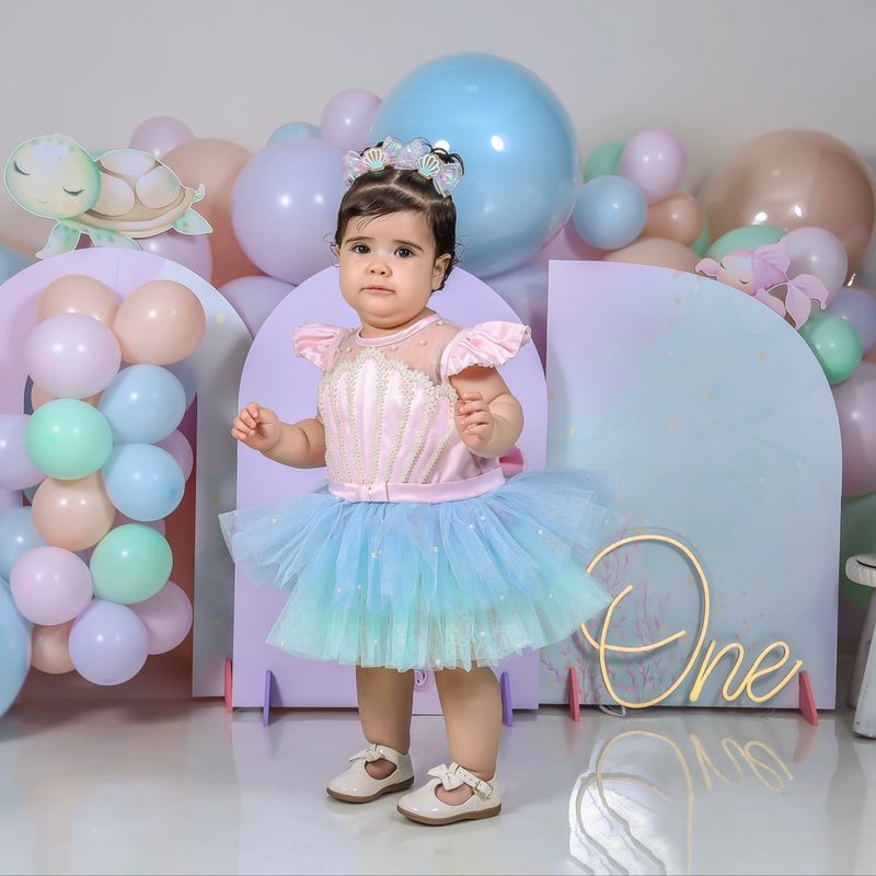 Vestido Infantil Bordado Cores Pastéis/Candy Fundo do Mar Sereia