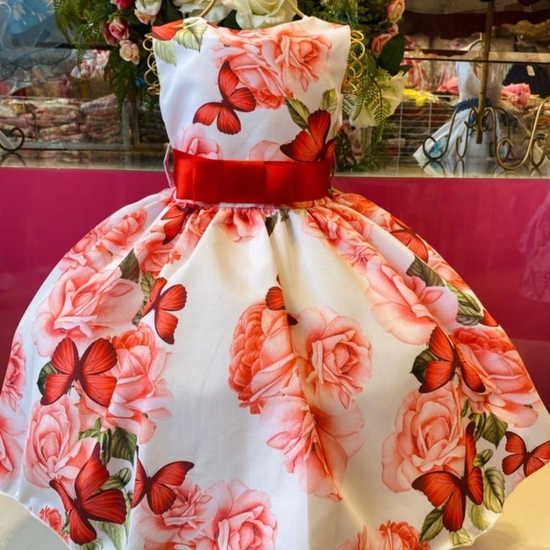 Vestido Infantil de Festa Estampado Flores Vermelhas Paty