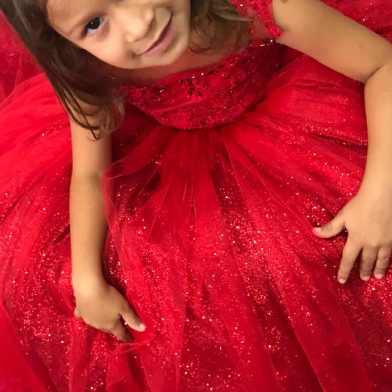 Vestido Infantil de Festa Vermelho Princesa com Renda Gliter e