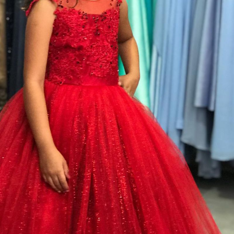 Vestido Infantil de Festa Vermelho Princesa com Renda Gliter e