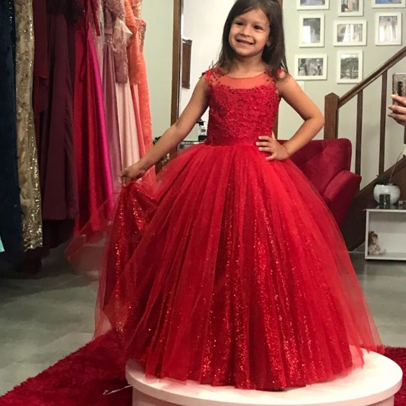 Vestido Infantil de Festa Vermelho Princesa com Renda Gliter e