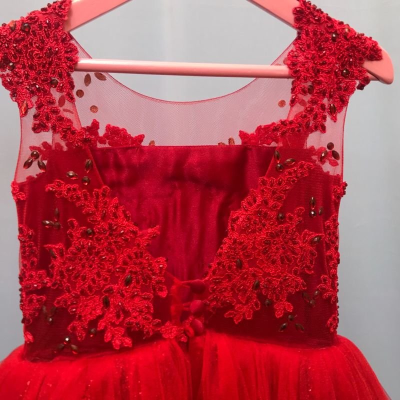 Vestido Infantil de Festa Vermelho Princesa com Renda Gliter e