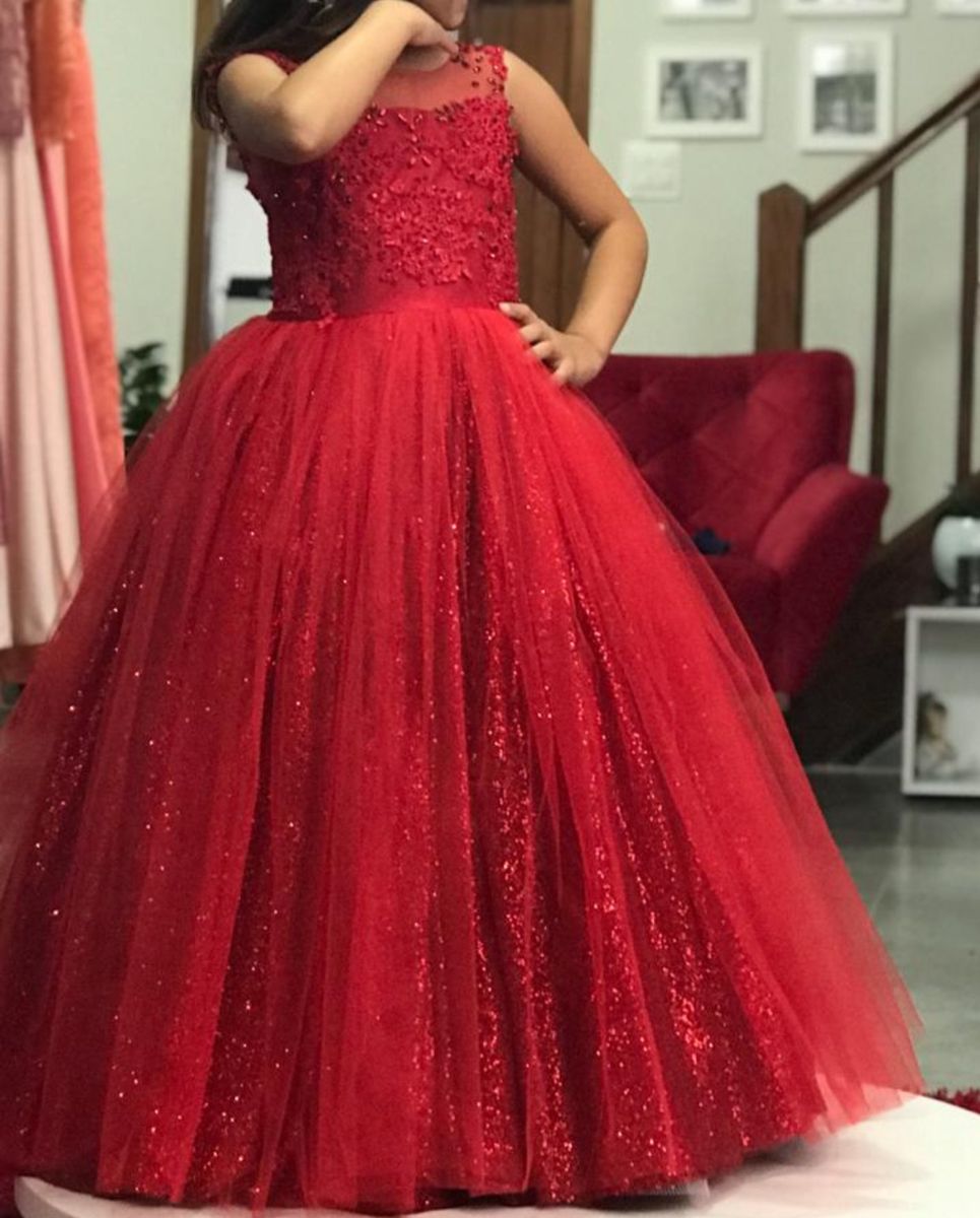 Vestido Infantil de Festa Vermelho Princesa com Renda Gliter e