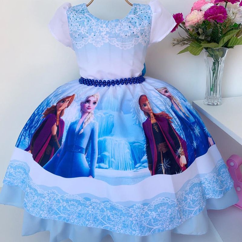 Vestido Infantil Princesa Frozen Branco Luxo.