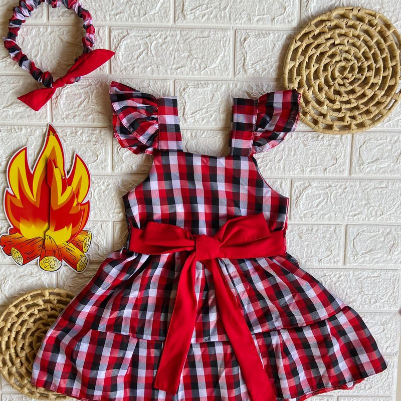 Vestido para Bebê Xadrez Festa Junina Vermelho