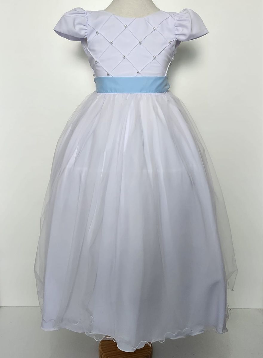 Vestido Infantil Longo Branco Faixa Azul Serenity Casamento Dama