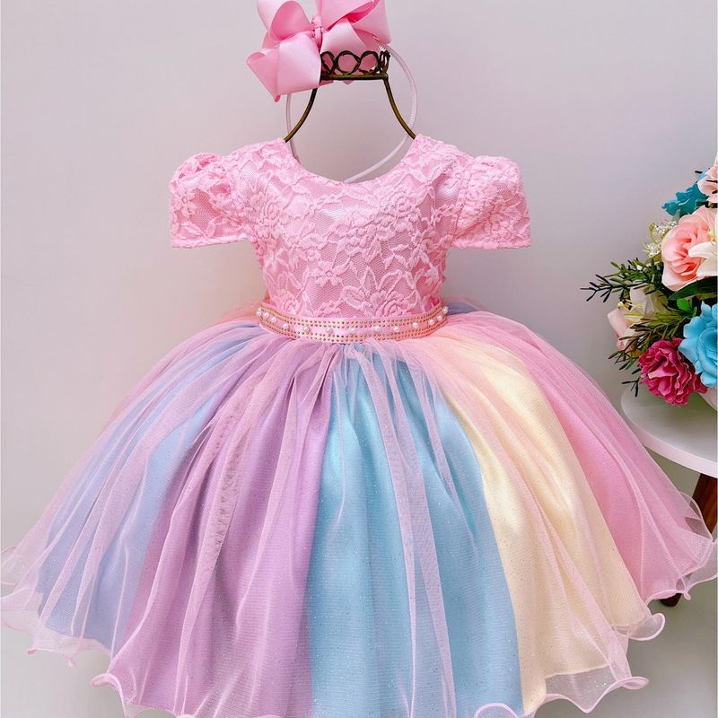 Vestido Infantil Unicórnio Chuva de Amor Luxo Arco Iris Roupa