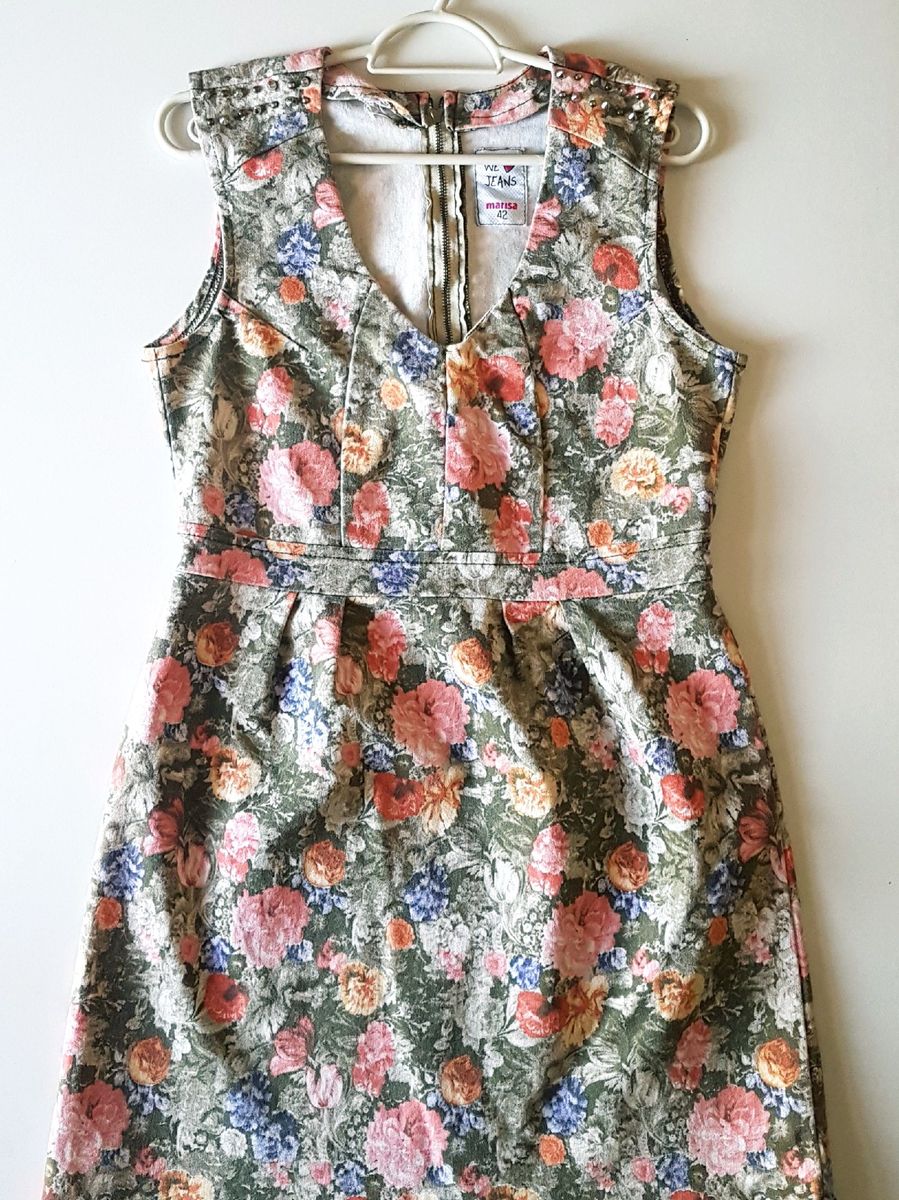 vestido jeans acinturado com estampa floral - vestidos marisa