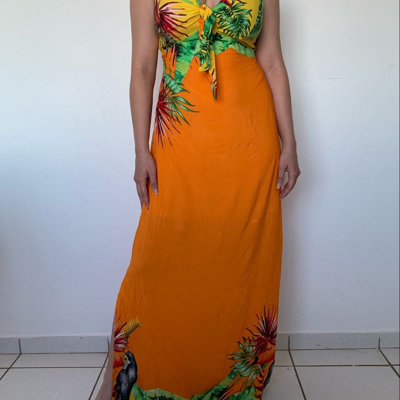 Vestido store laranja florido