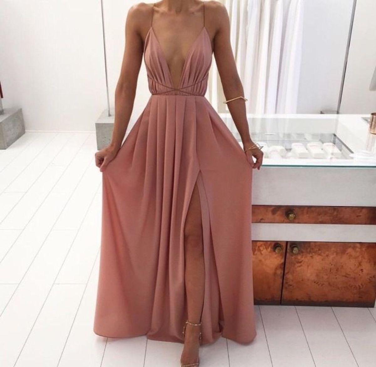 vestido longo rose com fenda