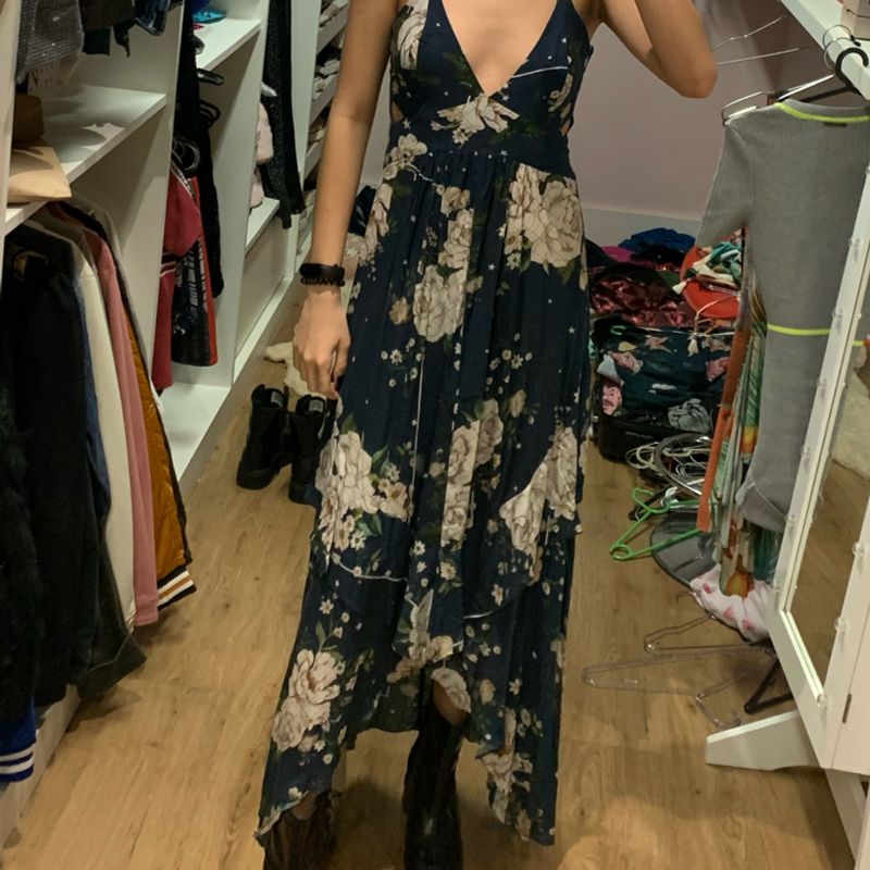 Vestido Longo Azul Marinho Florido com Decote em V Vestido Feminino Usado 67053664 enjoei