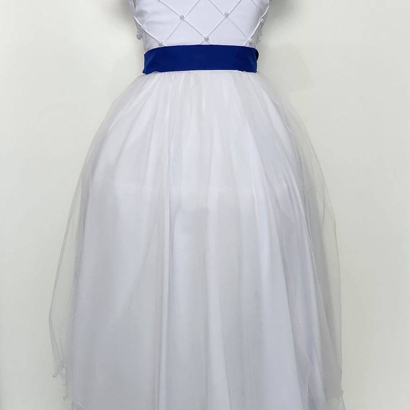 Vestido Longo Branco Faixa Azul Royal Dama Daminha Florista