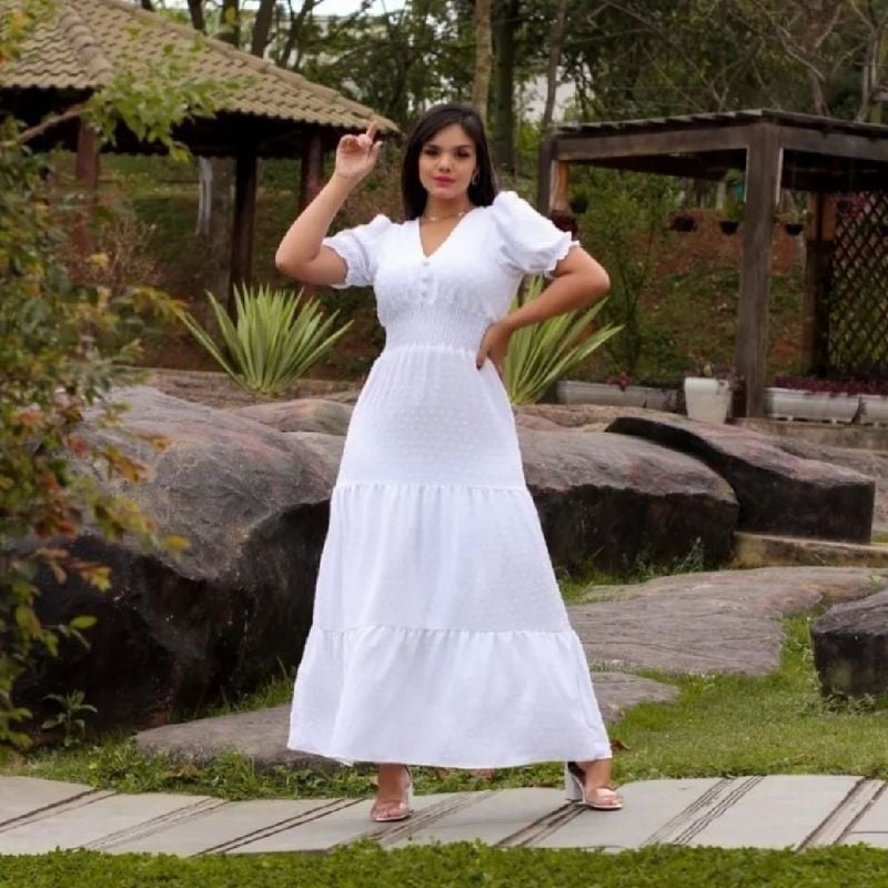 Vestido Longo Branco Festas Gola em V Duna Lançamento Vestido Feminino  Puro Luxo Nunca Usado 78383028 enjoei