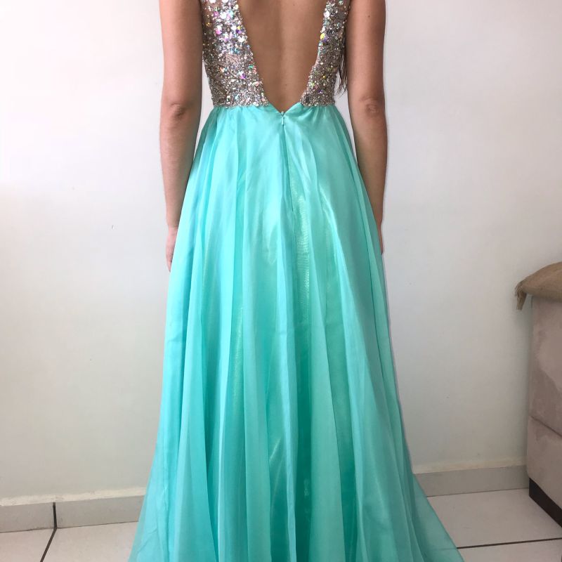 Vestido Longo Brilhante Verde Agua, Vestido Feminino Cinderela Usado  34024521