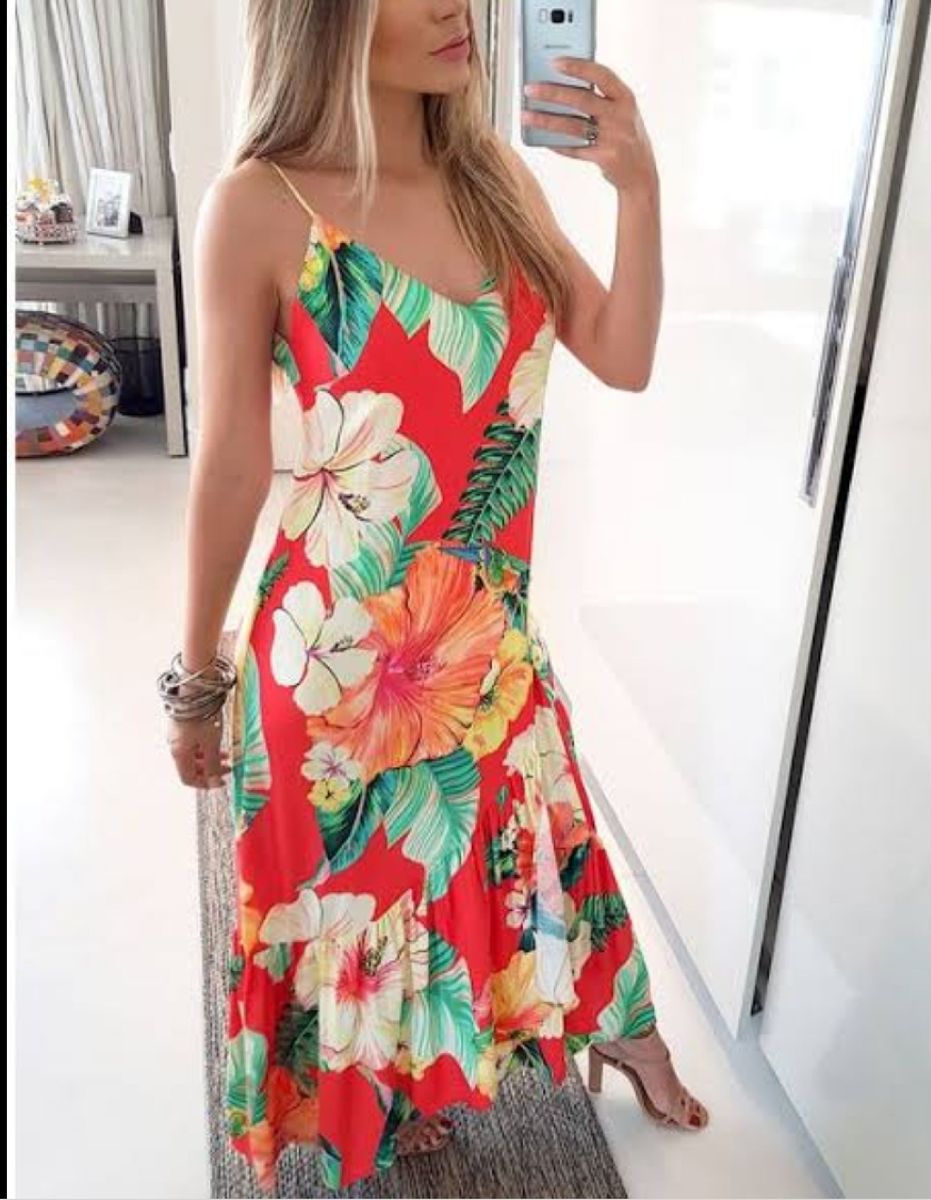 vestido longo chita tropical