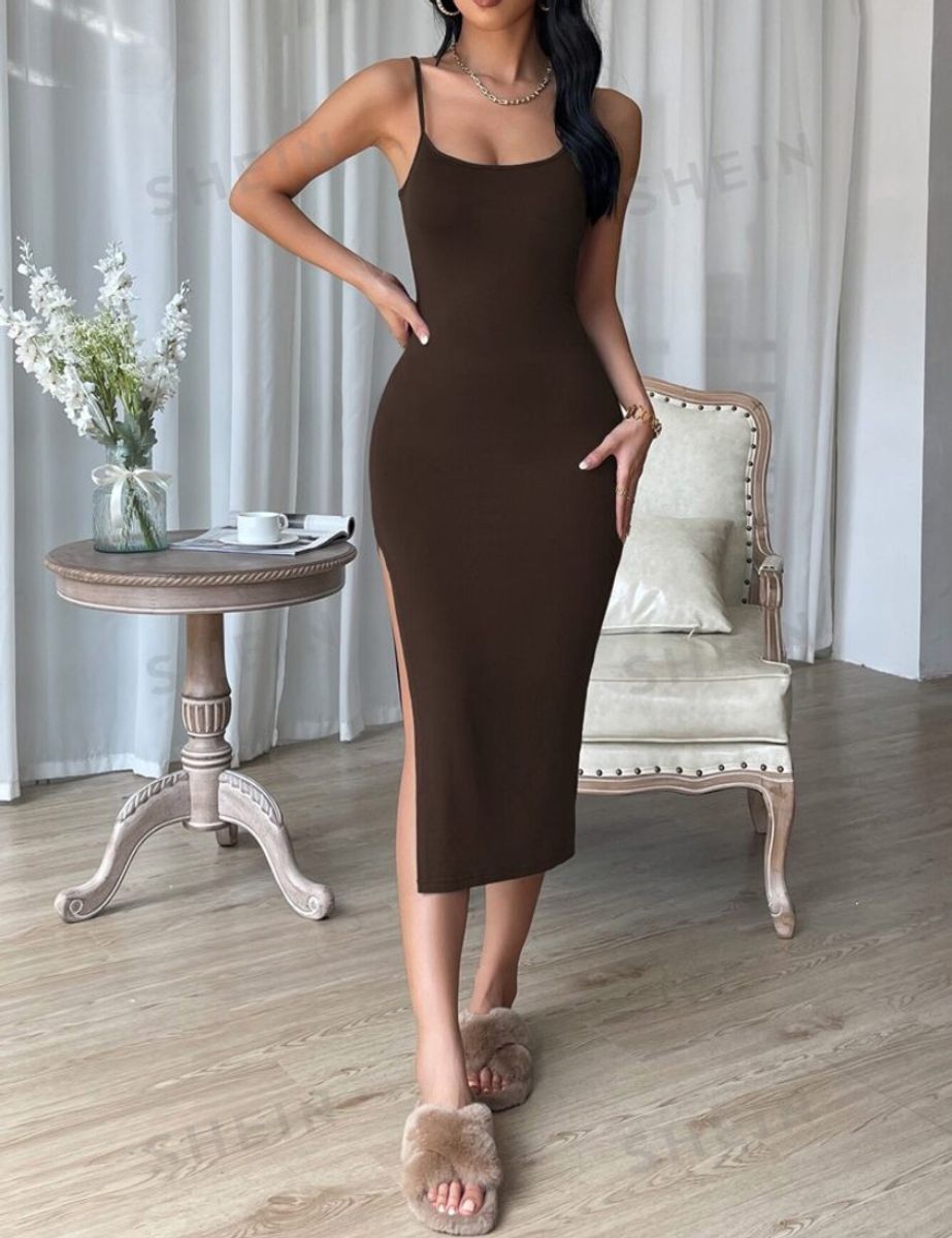 Shein Chocolate Roupas Femininas Vestido Longo Cor Chocolate Com