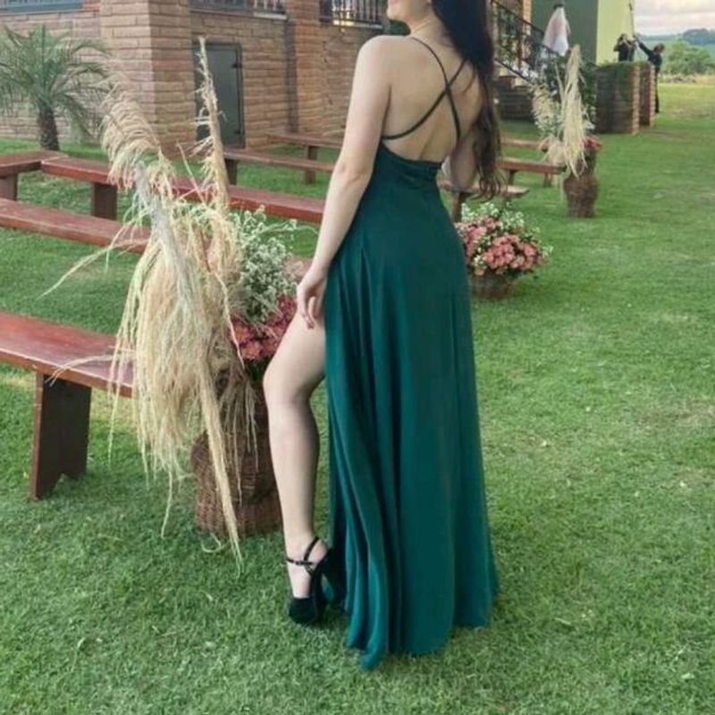 Vestido Longo de Festa Verde Escuro Esmeralda Fenda Fluido, Vestido  Feminino Shein Usado 90490739