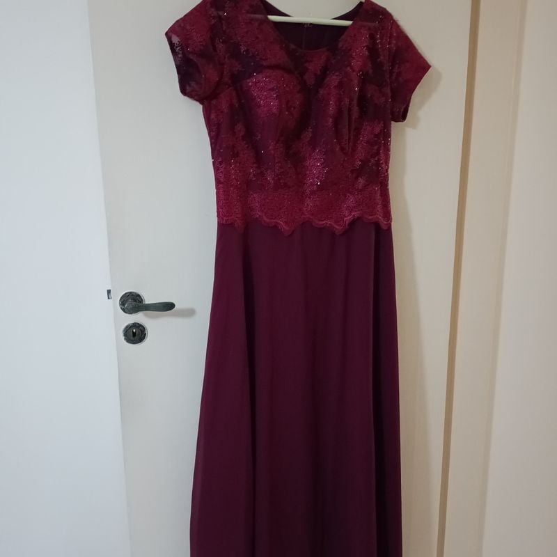 Vestido Longo de Festa Vinho Manga Curta Bordado Vestido de