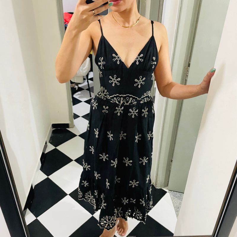 Vestido Longo de Linho Preto Bordado Zara P Vestido Feminino Zara Nunca  Usado 91732093 enjoei