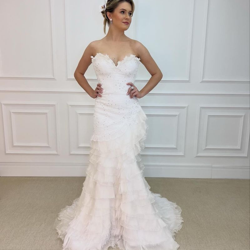 Vestido Longo de Noiva Cor Branco Renda Renascença Marca Martha