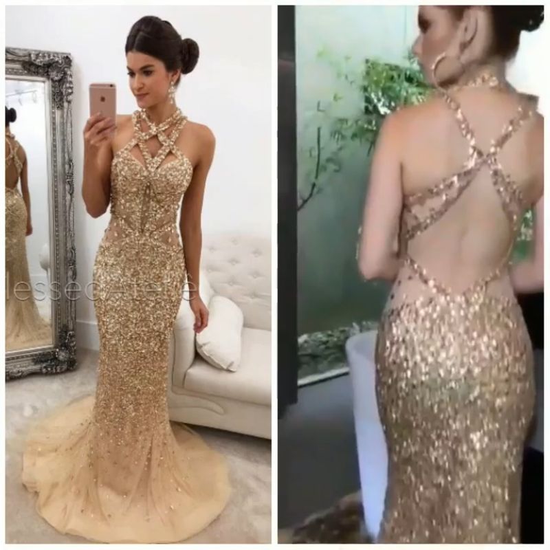 Vestido longo best sale dourado com pedraria