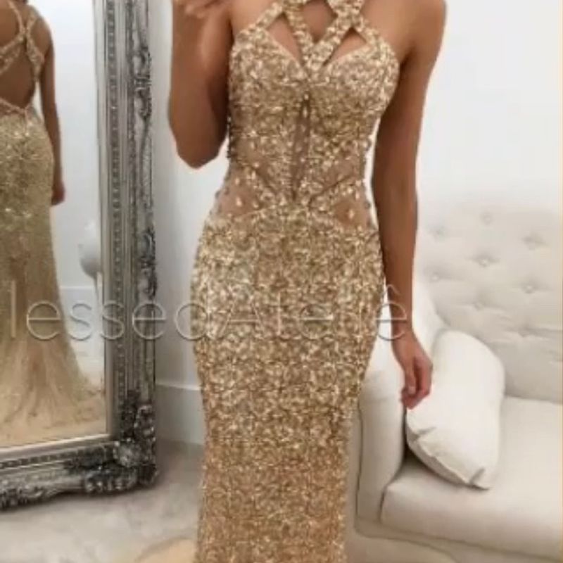 Vestido dourado longo sales para formatura