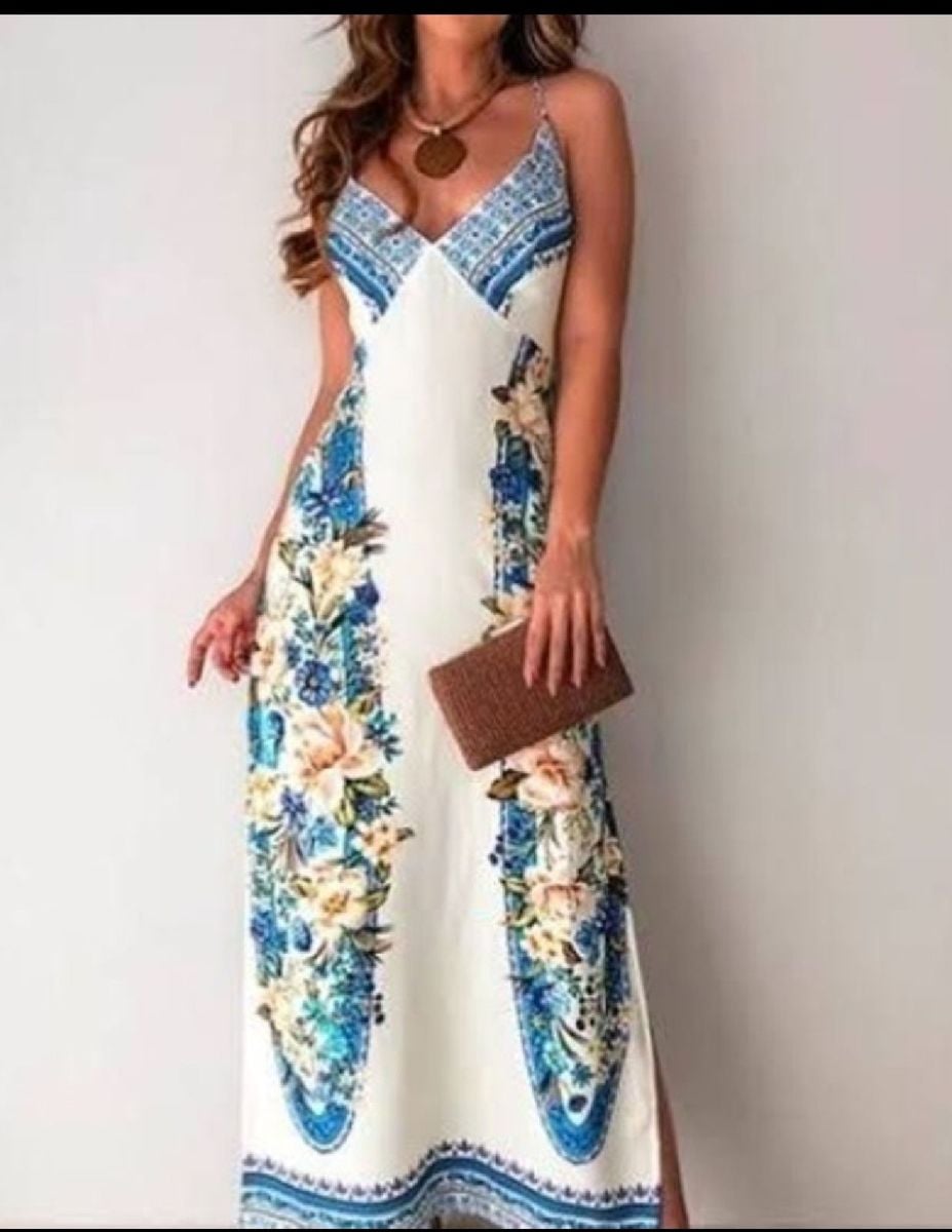 Vestido Longo Farm Tavira Azul e Branco | Vestido Feminino Farm Usado ...