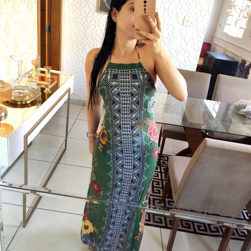 Vestido Longo Farm Verde Estampado Decote Nas Costas Vestido