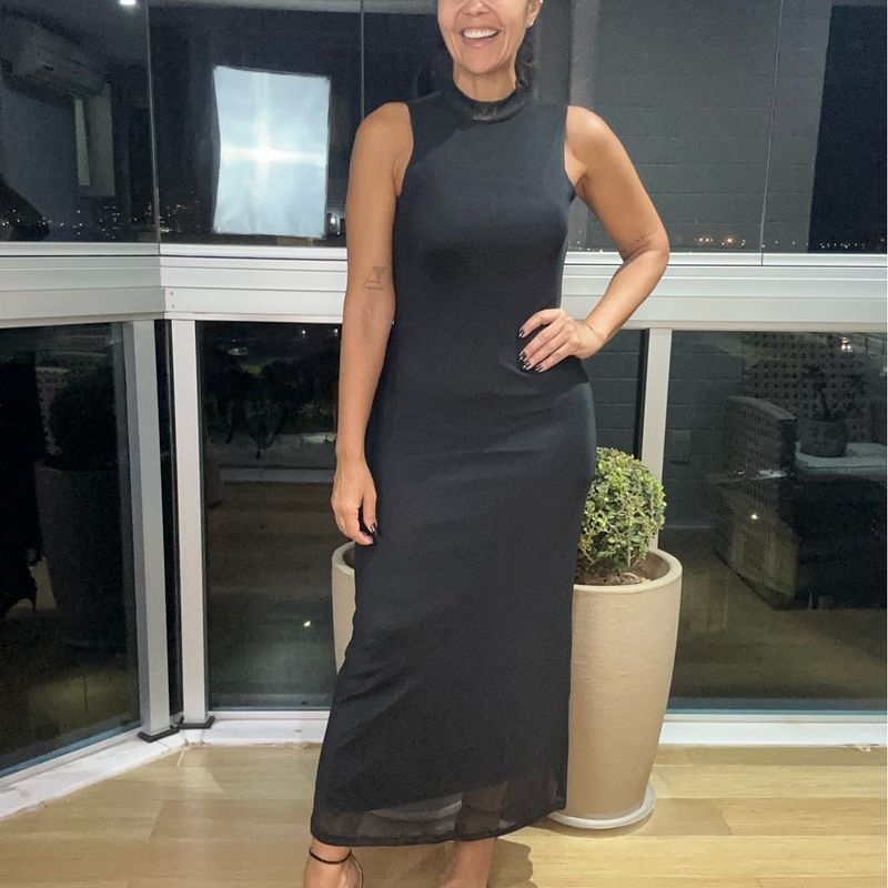Vestido Longo Gola Alta Tule Preto- C&Amp;A- Tamanho: P C&A