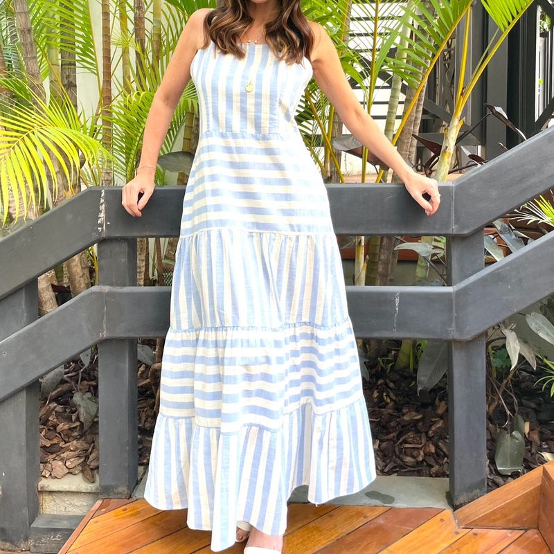 Vestido longo listrado store azul e branco