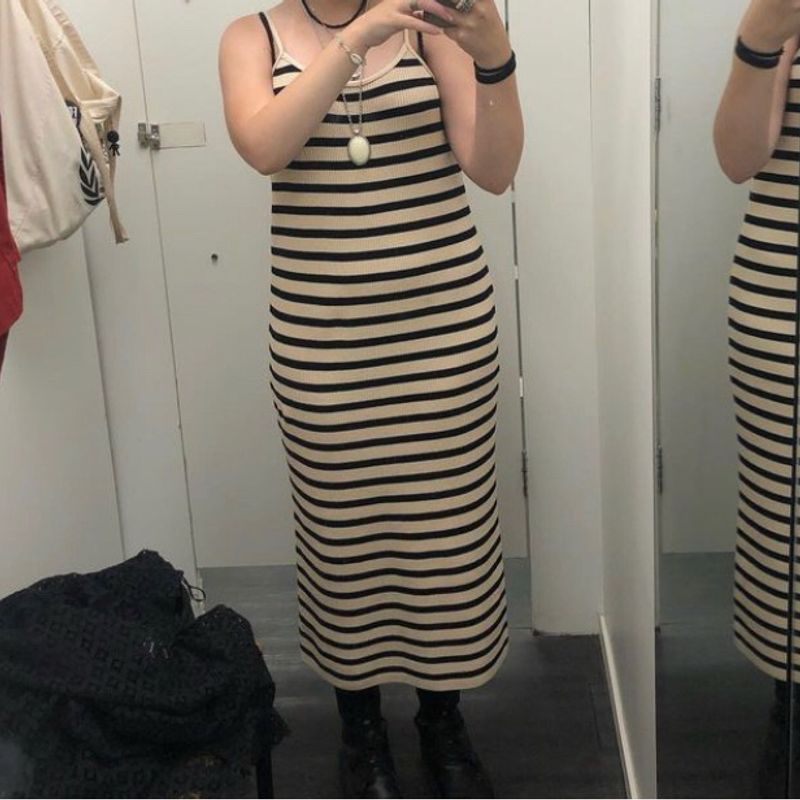 Vestido Longo Listrado de Croch Vestido Feminino C A Nunca