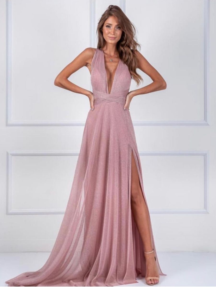 vestido longo rose com fenda