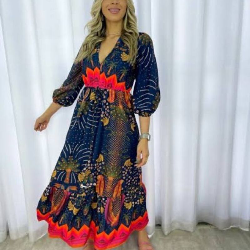 Vestido Midi Com Manga Farm Vestido Longo Midi Manga 3/4 Bufante