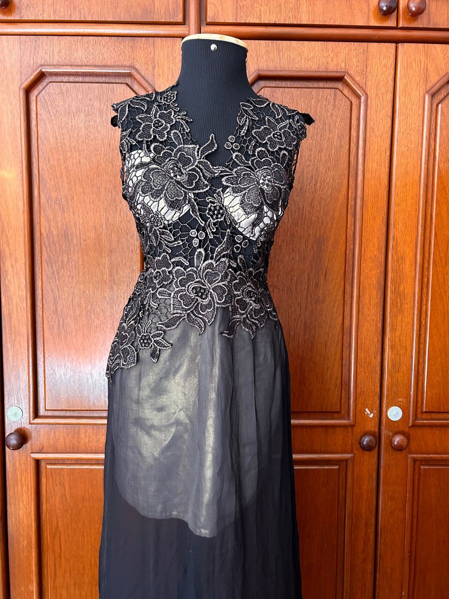 Vestido Longo Renda Transparente Dourado Preto Usado 88136018