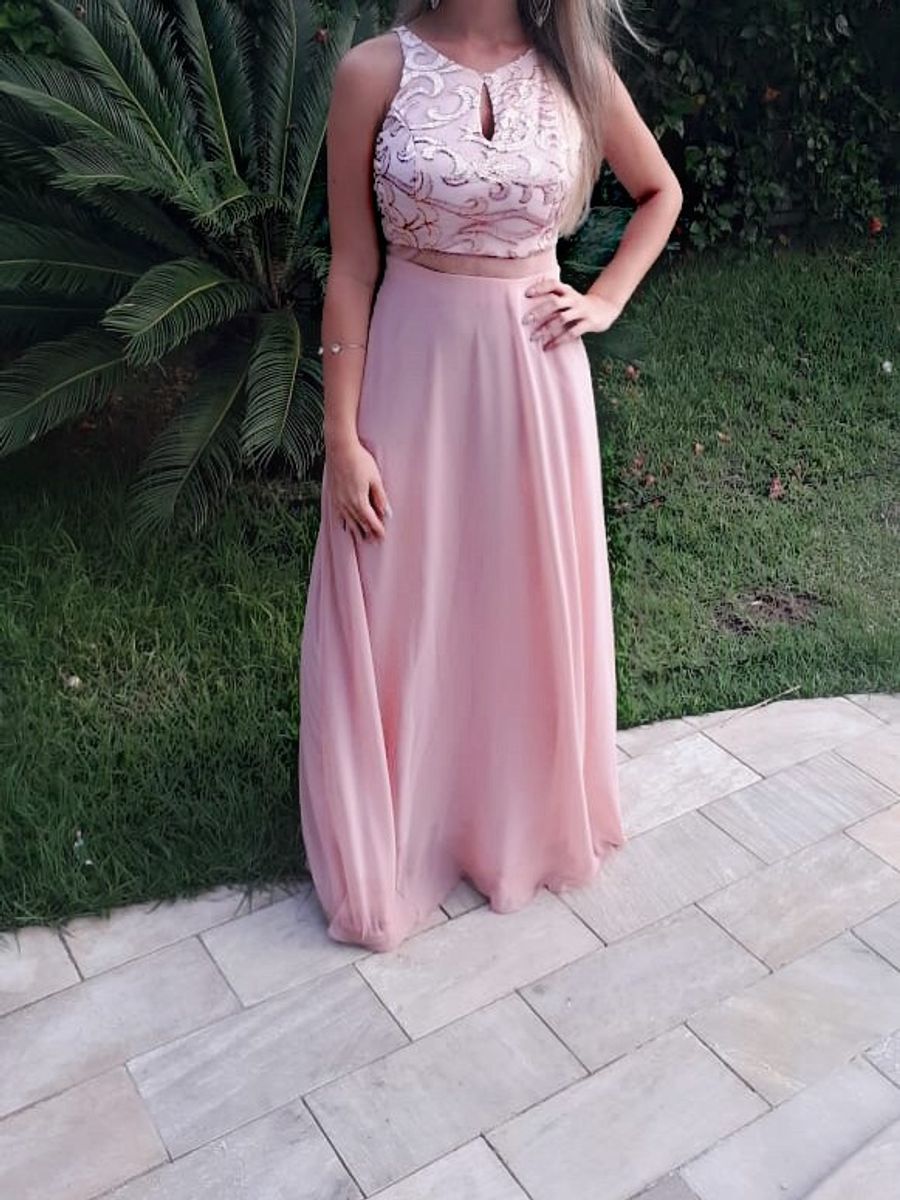 vestido longo rosa bebê