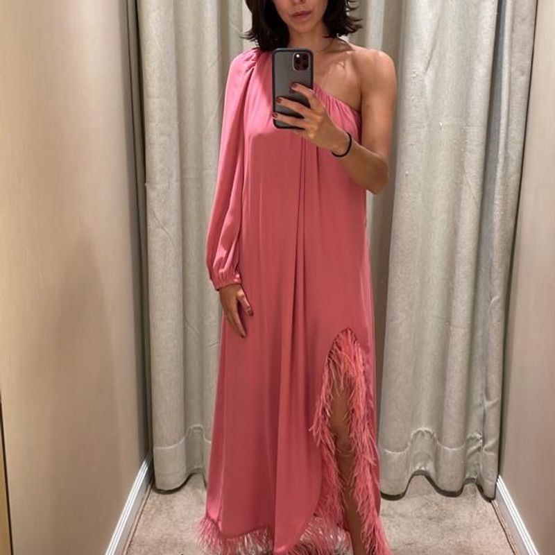 Vestido Longo Rosa com Plumas Vestido de Festa Feminino Amissima