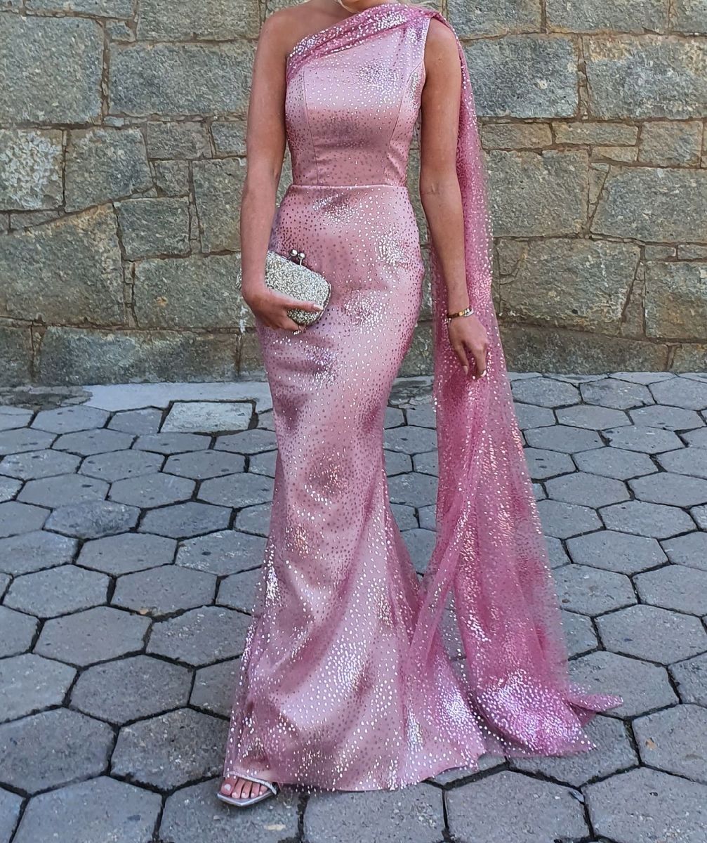 Vestido longo sales rosa com brilho