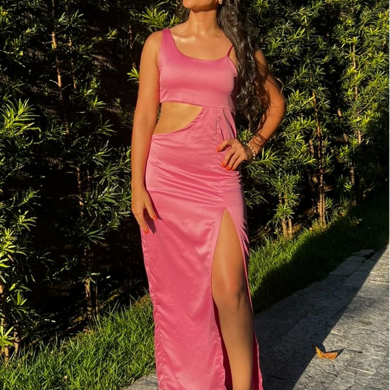 Vestido Longo Rosa Liso Cetim Fenda Nunca Usado 108312481 enjoei