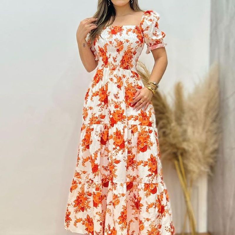 Vestido Longo Tricoline Estampa Floral Laranja ( Tam Unico 36 Ao