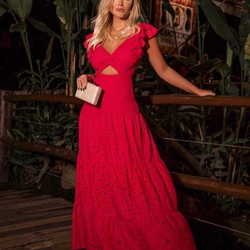 Vestido Longo Vermelho de Renda Guipir Inffinity Usado 96585060