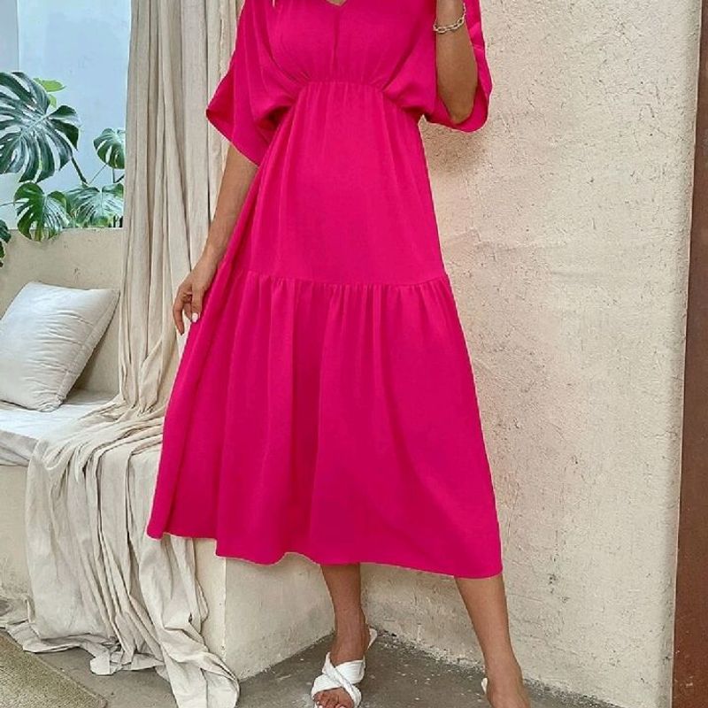 Vestido Manga de Asa Morcego Bainha com Babado Shein Shein Nunca