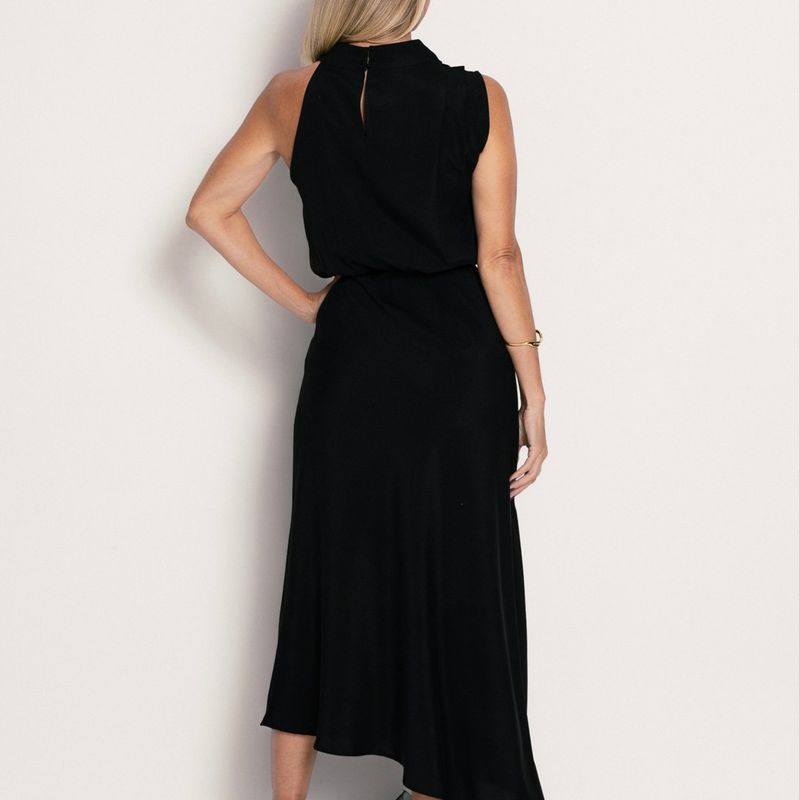 Vestido Mídi Alfaiataria Fluida Drapeado Assimétrico Preto Gola