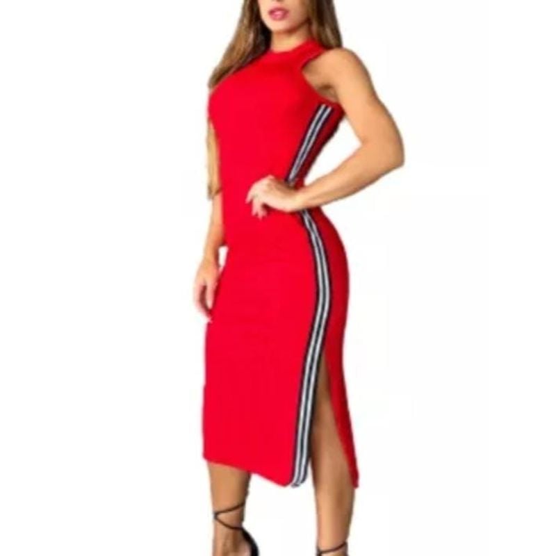 Vestido Midi Canelado C/ Listra Na Lateral Nunca Usado