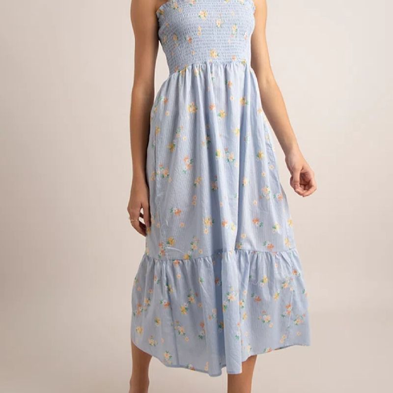 Vestido Midi de Algod o Estampado Floral com Lastex e Amarra o