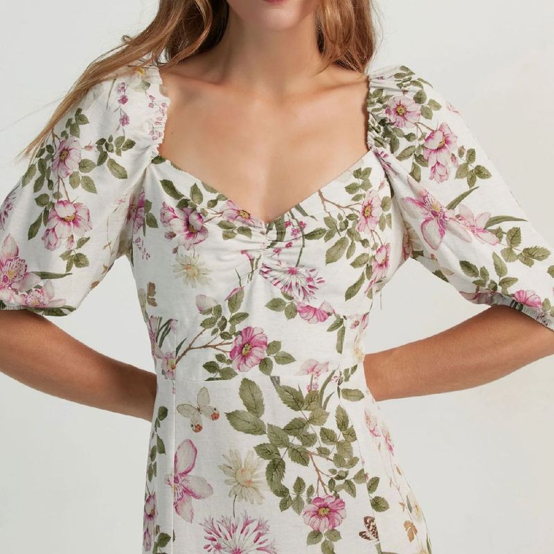 Vestido Midi em Viscolinho com Busto Franzido e Estampa Floral P