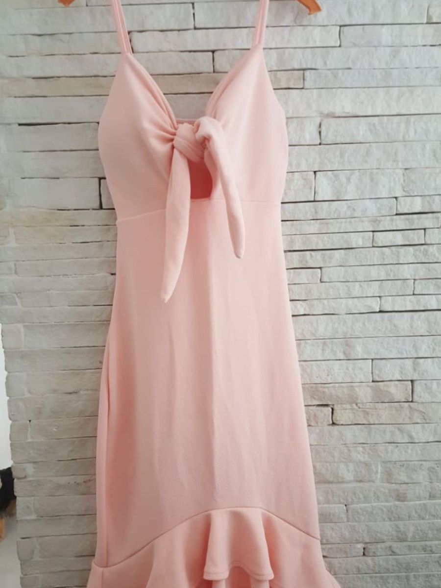 vestido midi rose com babado